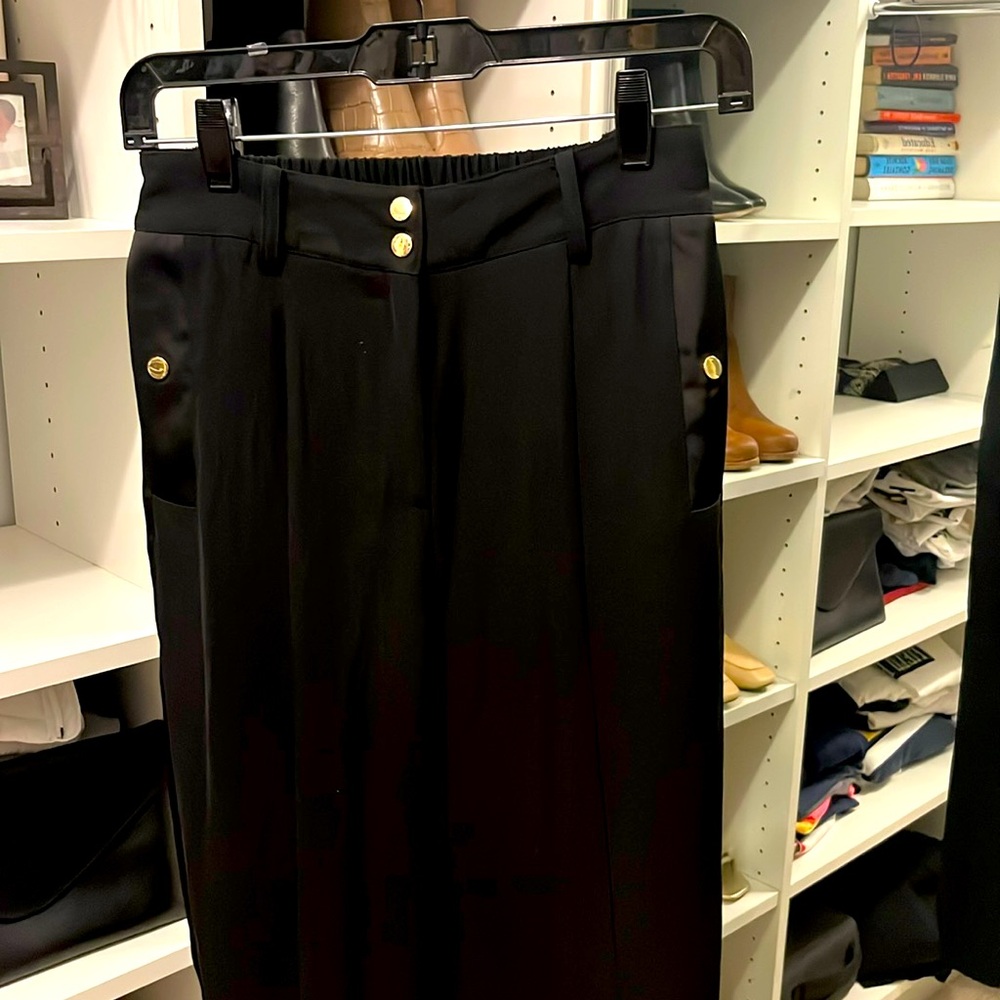 Mint Velvet (London) black tuxedo dress pant joggers with gold buttons, size 6R